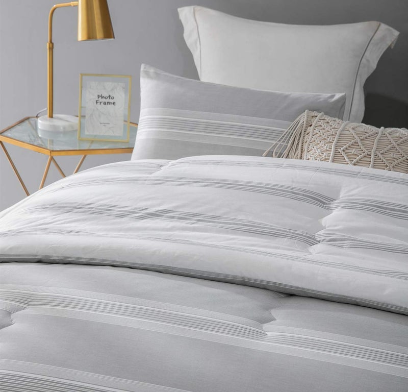 SLEEPBELLA Comforter Queen Size, 600 Thread Count Cotton Light Gray & White Stripes Reversible Pattern Grey Comforter Sets,Down Alternative Bedding Set 3Pcs (Queen, Grey Stripes) - Image 3